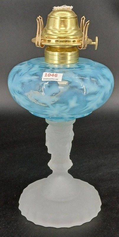 Blue Opalescent Oil Lamp With Frosted Three Faces Glass Base