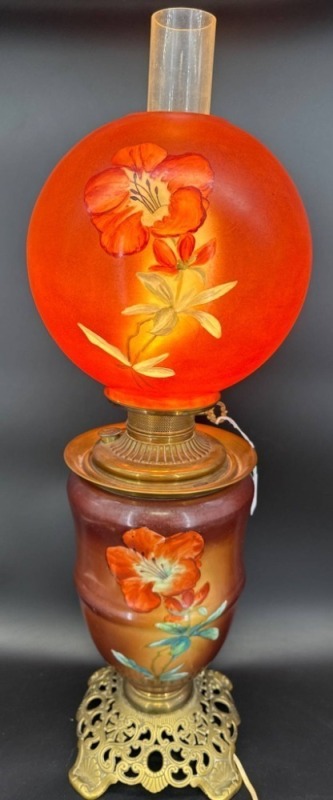 Gone with the Wind Hand-Painted elec. Oil Lamp with Floral Motifs