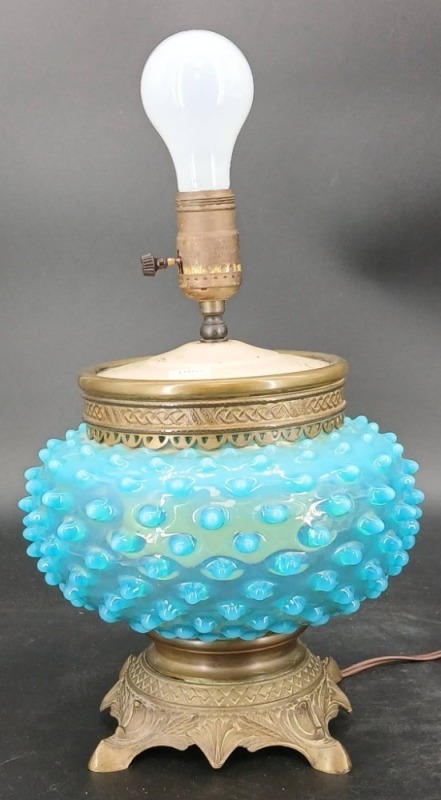 Blue Hobnail Glass Lamp with Brass Base