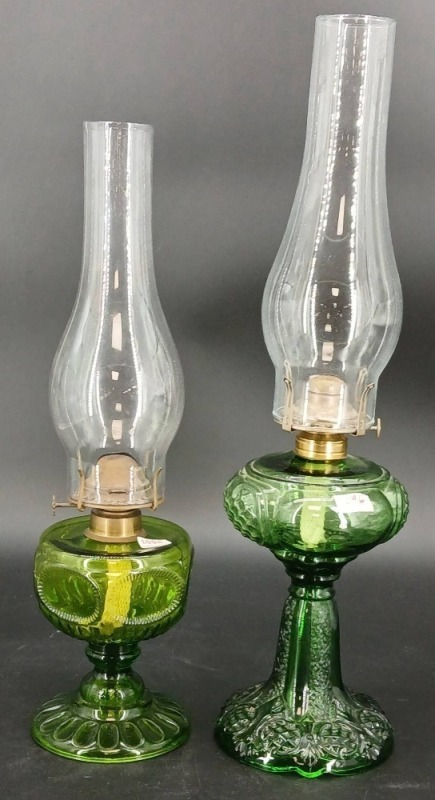 (2) EAPG Green Oil Lamps