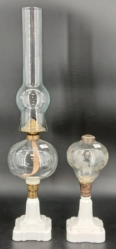 (2) Oil Lamps With Milk Glass Bases