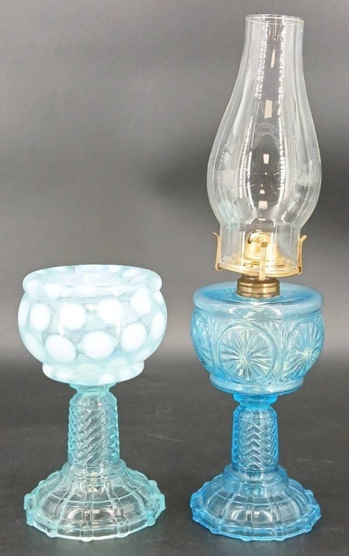 (2) Blue Glass Oil Lamps
