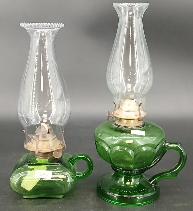 (2) Green Glass Finger-hold Oil Lamps
