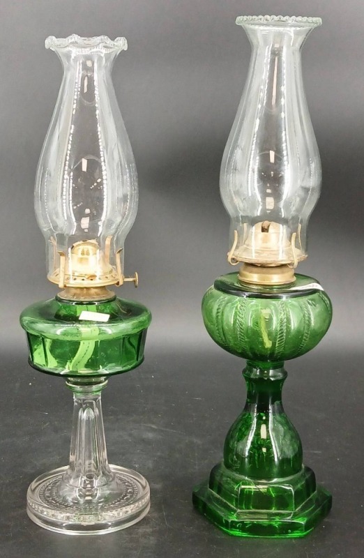 (2) EAPG Green Oil Lamps