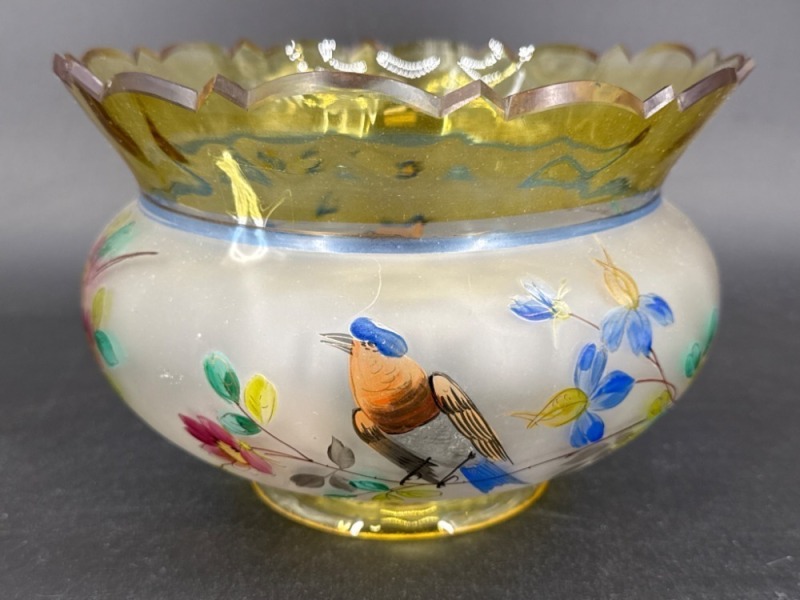Hand-Painted Glass Bowl With Bird Motif