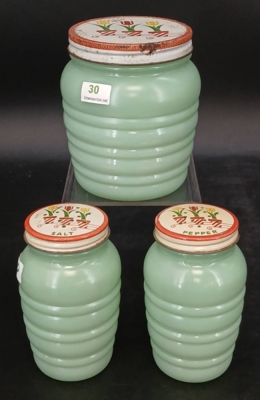 Green Jadite Salt and Pepper, and Flour Jar