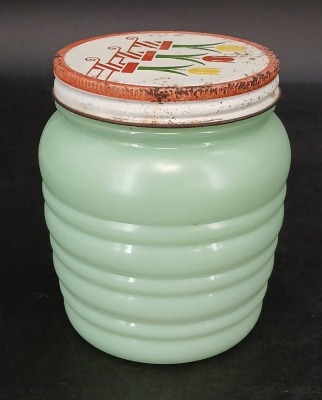 Green Jadite Salt and Pepper, and Flour Jar - 3