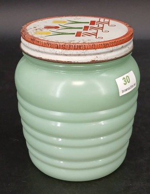Green Jadite Salt and Pepper, and Flour Jar - 5