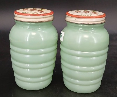Green Jadite Salt and Pepper, and Flour Jar - 9