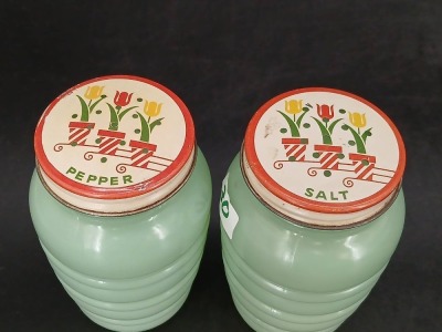 Green Jadite Salt and Pepper, and Flour Jar - 10
