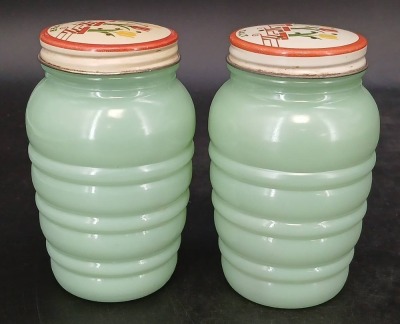 Green Jadite Salt and Pepper, and Flour Jar - 11