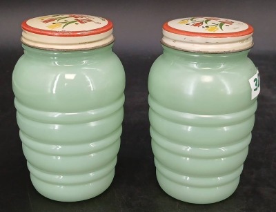 Green Jadite Salt and Pepper, and Flour Jar - 12