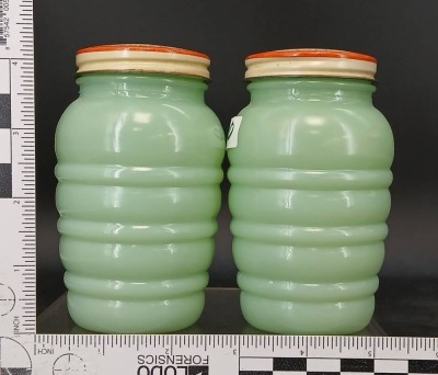 Green Jadite Salt and Pepper, and Flour Jar - 14