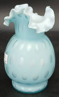 Blue Satin Glass Vase With Ruffled Rim - 2