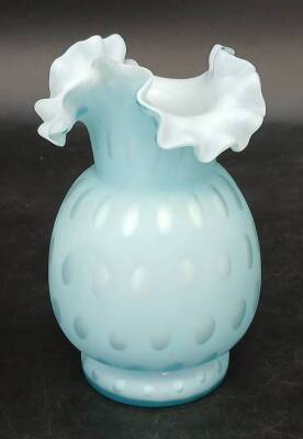 Blue Satin Glass Vase With Ruffled Rim - 3