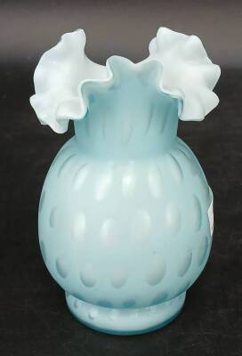 Blue Satin Glass Vase With Ruffled Rim - 4