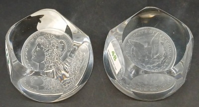 (2) Lucite Coin Paperweights (1 damaged)