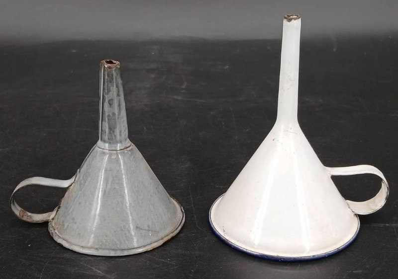 (2) Enamelware Funnels with Handles