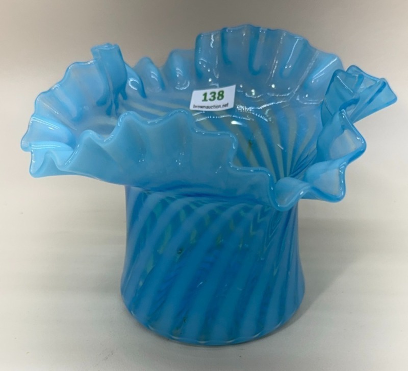 Fenton Blue Opalescent Glass Ruffled Vase