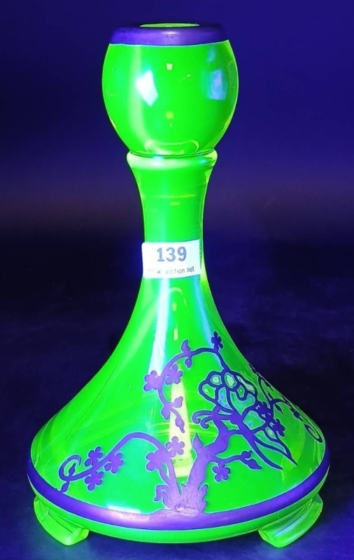 Vaseline Glass Candlestick with Applied Silver