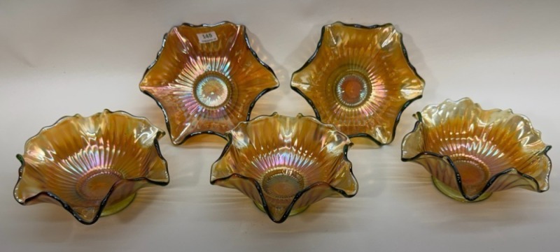 (5) Carnival Glass Ruffled Berry Bowls