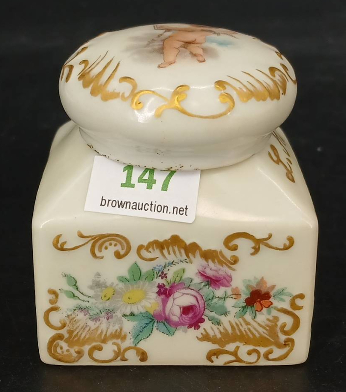 French Porcelain Inkwell with Cherub Motif Lid