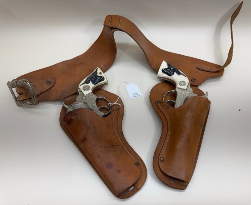 Hubley Texan Jr. Toy Cap Guns with Leather Holsters