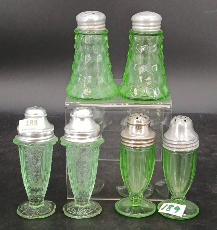 (3) Green Uranium Glass Shakers Pairs