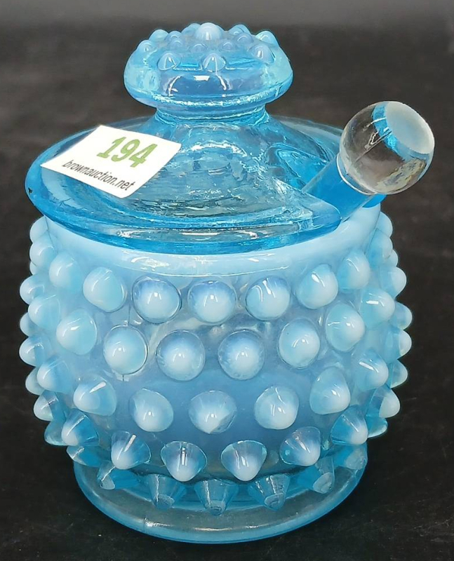Blue Opalescent Hobnail Glass Mustard Jar