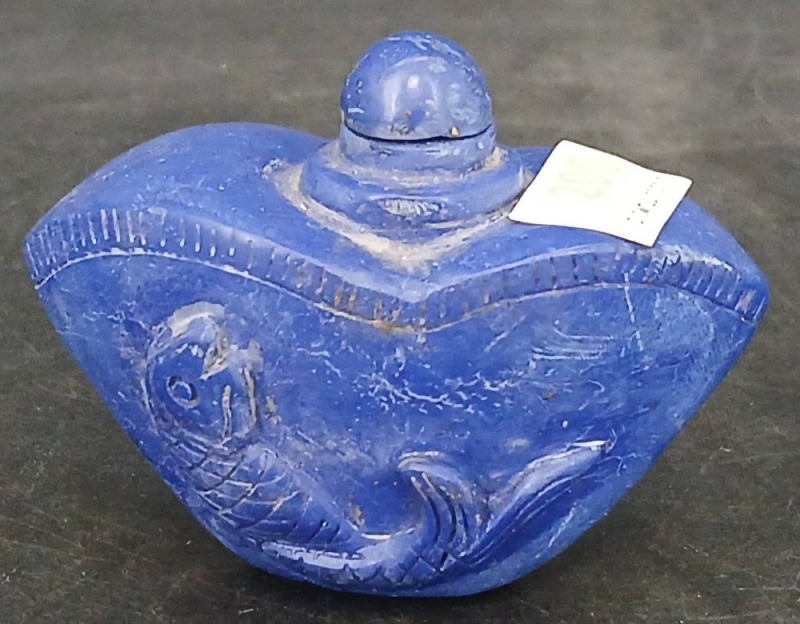 Carved Blue Snuff Bottle With Fish Moti