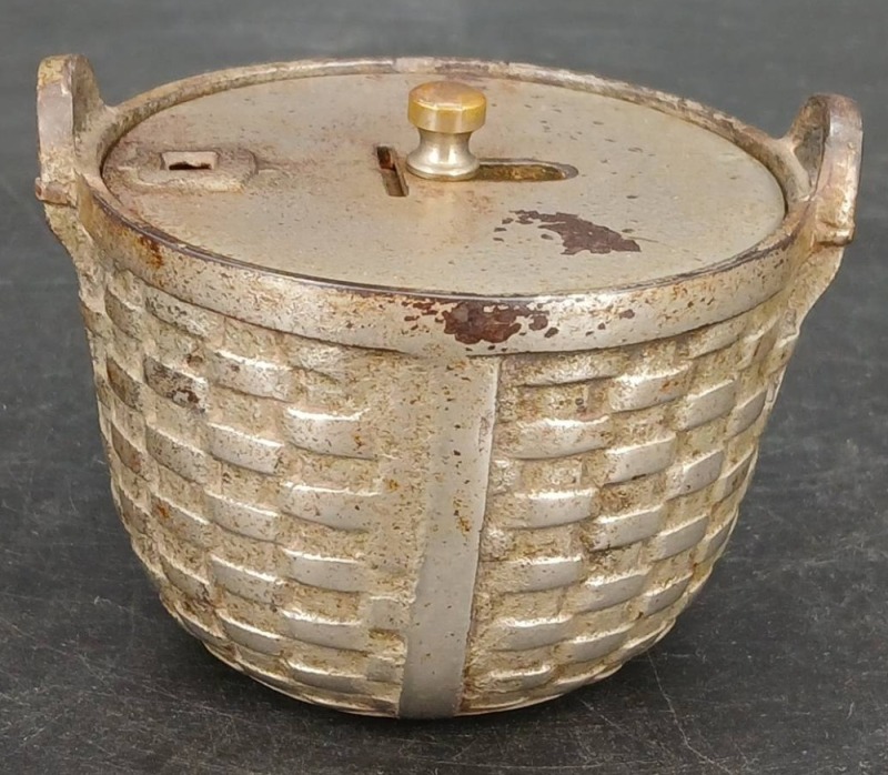 Cast Metal Coin Bank With Basket Weave Design
