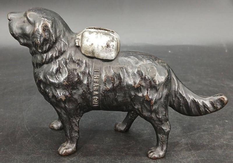 Cast Iron "I Hear a Call" Dog Bank, 1900