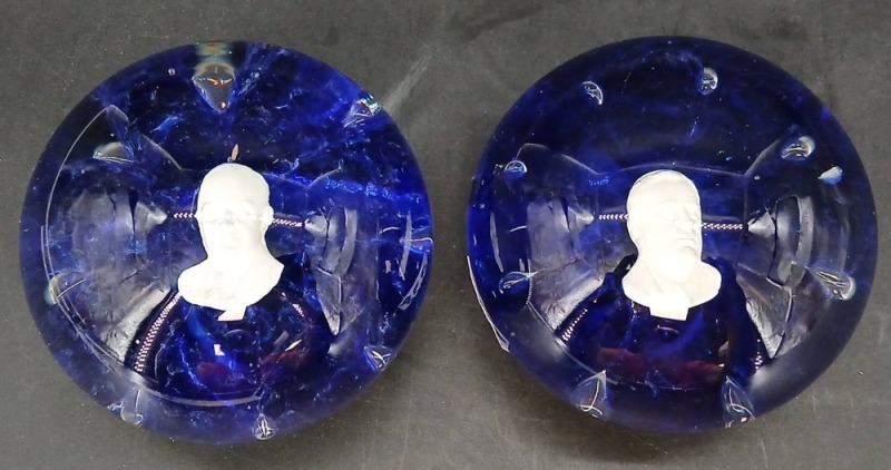 (2) St Clair Cobalt Blue Glass Sulphide Paperweights