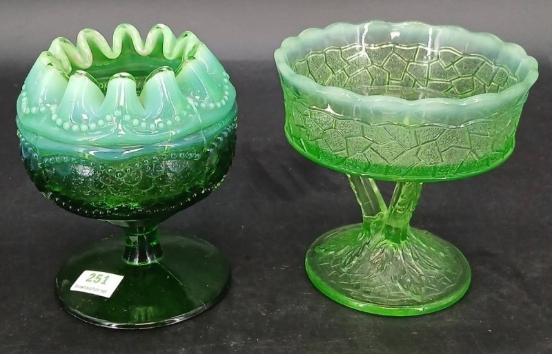 Pair Green Opalescent Glass Compotes