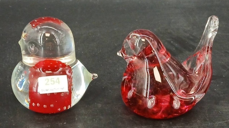 (2) Red Art Glass Bird Paperweights