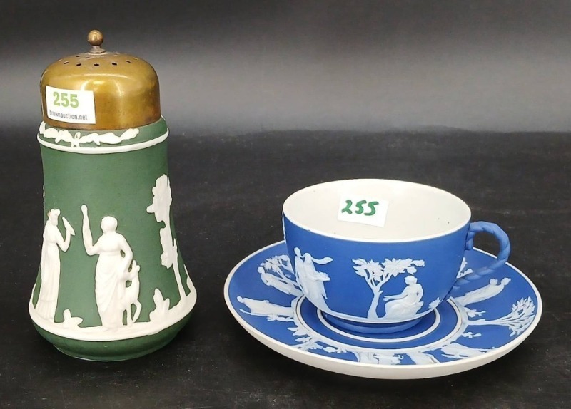 Wedgwood Jasperware Cup and Saucer, + Sugar Shaker