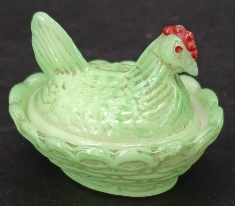 Green Glass Hen on Nest Covered Dish