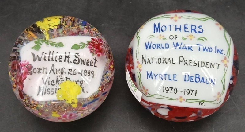 (2) Commemorative Glass Paperweights