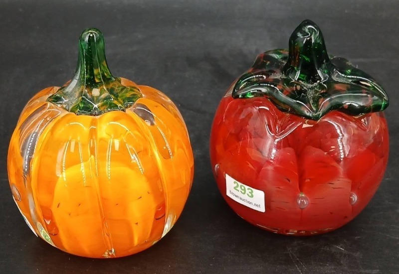 Joe Rice Studio Glass Pumpkin and Tomato Paperweights