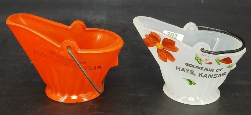 (2) Kansas Souvenir Glass Coal Bucket Toothpick Holders
