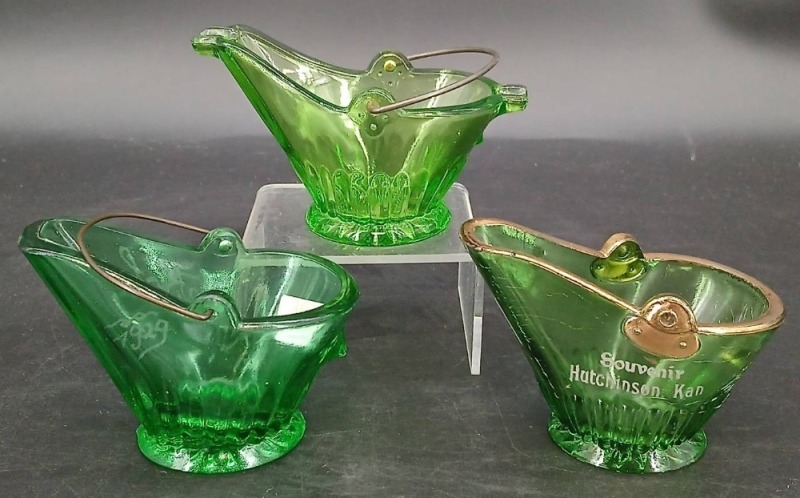 (3) Green Glass Coal Bucket Ashtrays