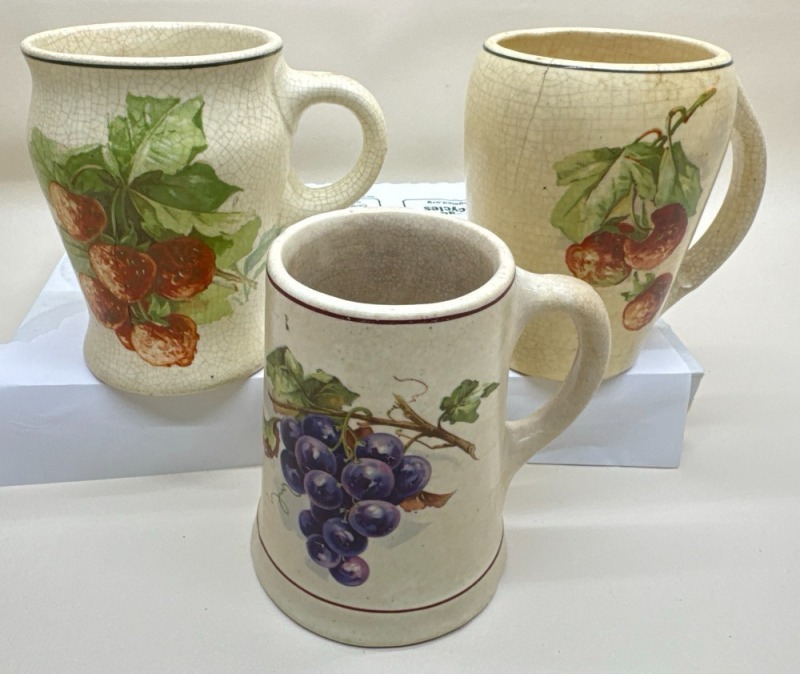 (3) Roseville Pottery Fruit Motif Mugs