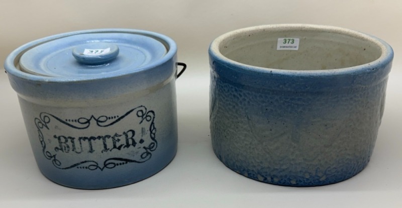 (2) Blue and White Stoneware Butter Crocks