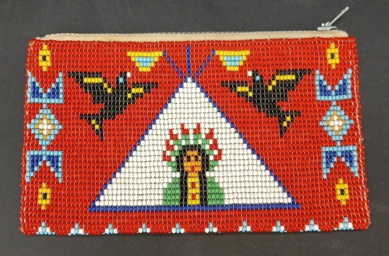 Beaded Leather Zip Pouch with Native Motif