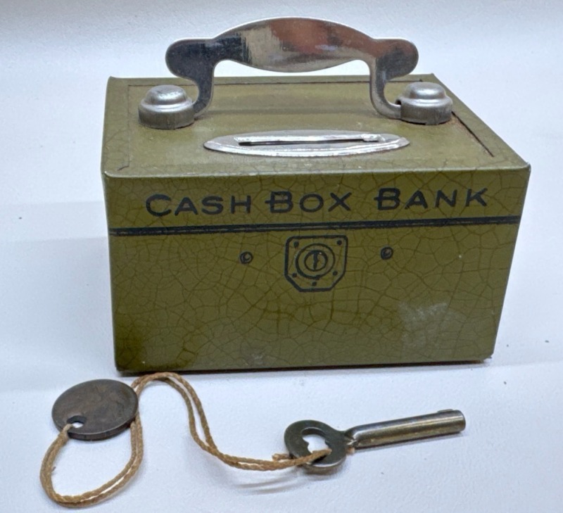 J. Chein Tin Litho Cash Box Bank with Key