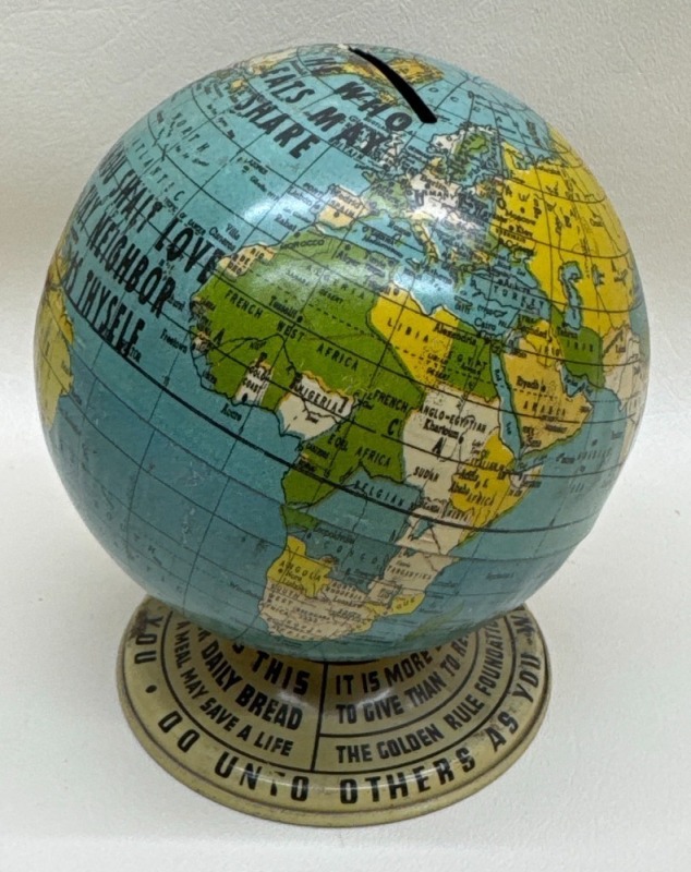 Golden Rule Tin Globe Bank, Made in USA