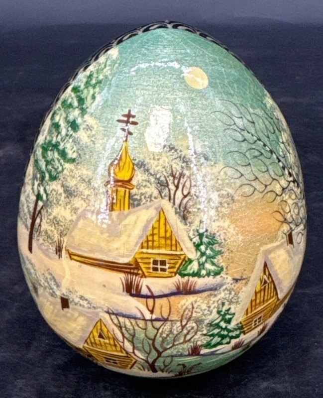 Hand-Painted Russian Lacquer Egg Winter Scene