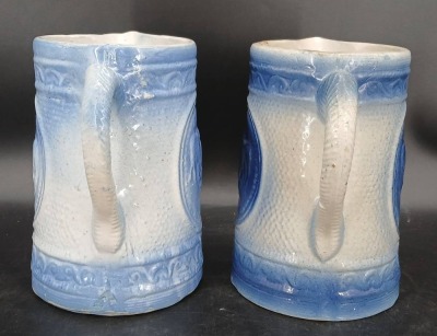 (2) Blue and White Stoneware Pitchers with Relief Designs - 2