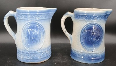 (2) Blue and White Stoneware Pitchers with Relief Designs - 3