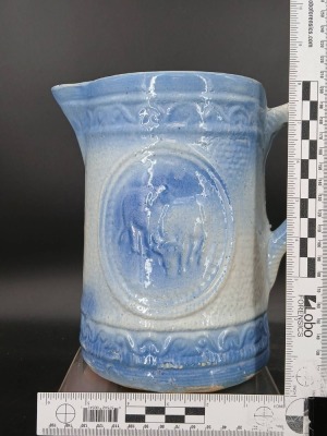 (2) Blue and White Stoneware Pitchers with Relief Designs - 7